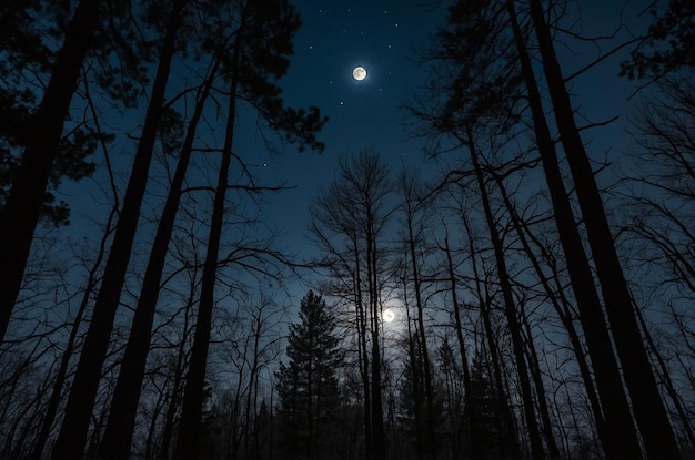 a full moon is shining through the trees in the woods