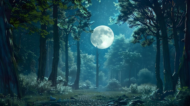 a full moon is shining through the trees