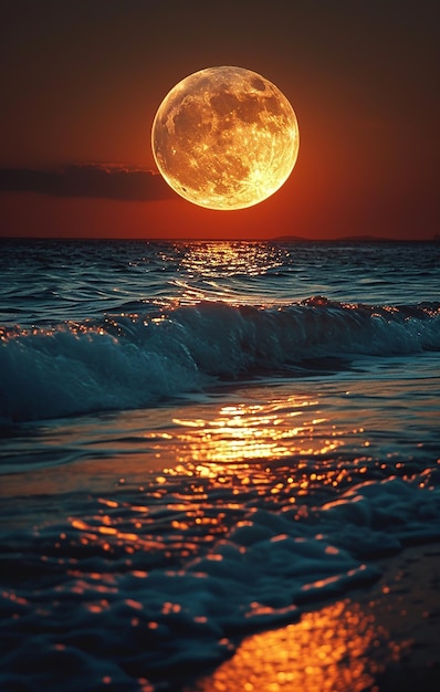 Photo a full moon is shining on the water at sunset