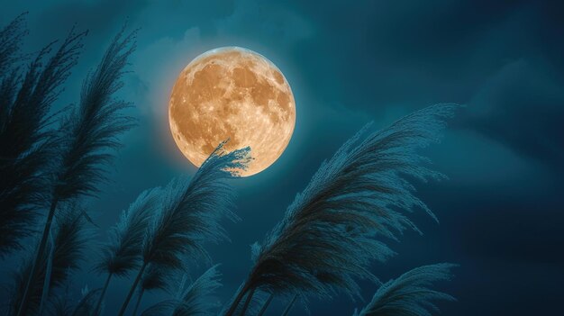 Photo the full moon juxtaposed with the delicate elegance of pampas grass creating a harmonious scene that evokes a sense of tranquility and wonder