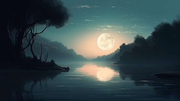 A full moon over a lake with a full moon