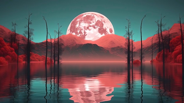 A full moon over a lake with trees in the foreground