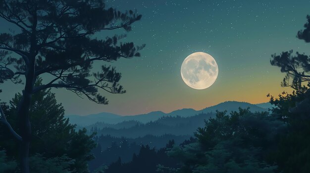 a full moon over a mountain range