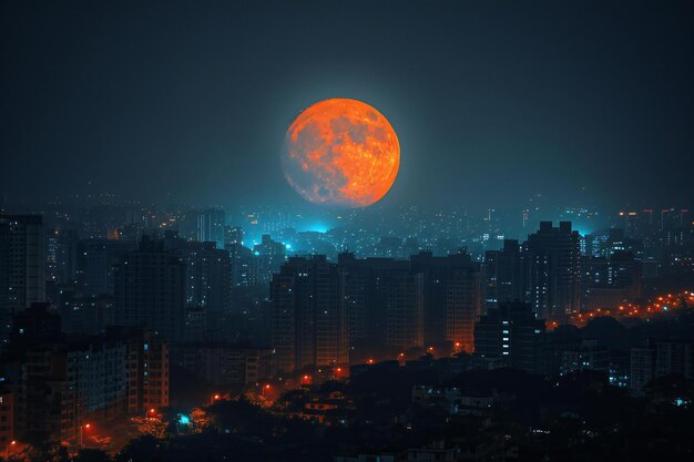 Photo a full moon in the night sky above a city