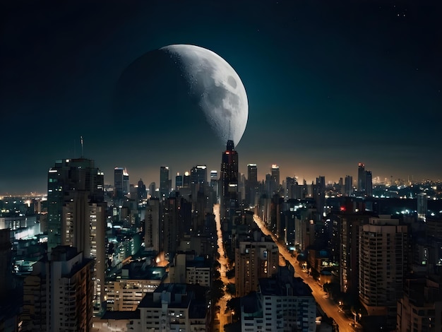 a full moon in the night sky above a city