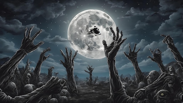 A full moon night sky with zombie hands reaching out from the ground illustration