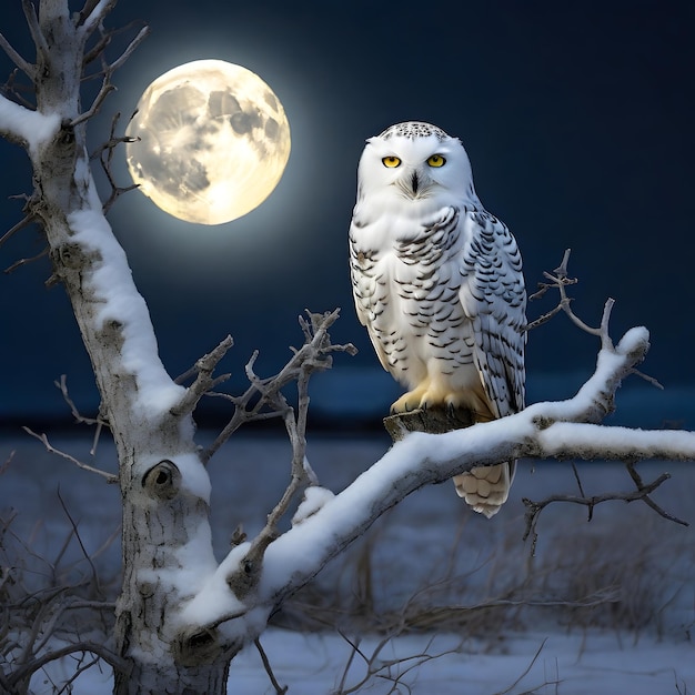 On a full moon night a snowy owl on a tree branch