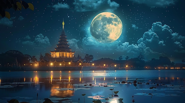 Full moon poya day celebration by buddhist people with temple lotus lake beside