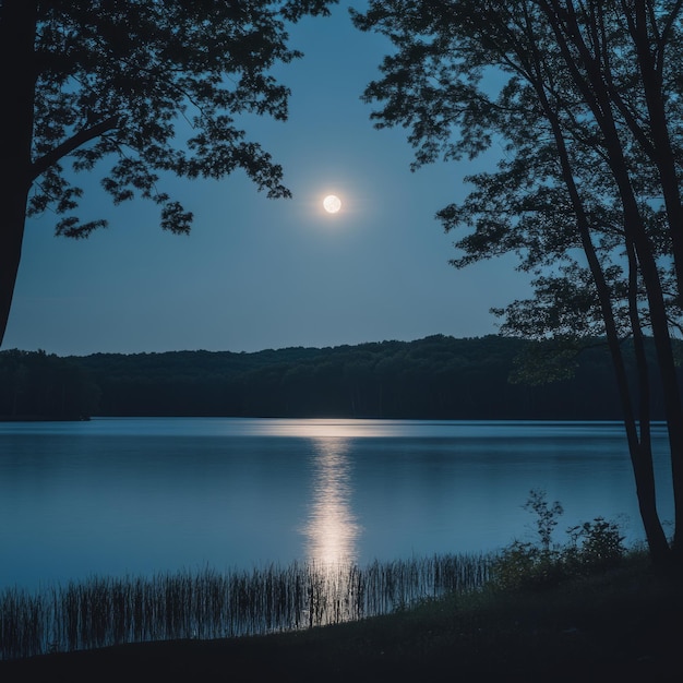 Photo full moon reflected on a still lake with trees framing the view