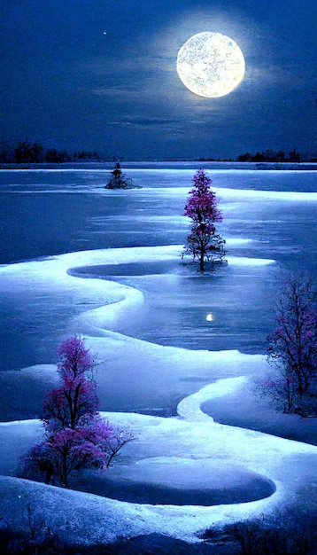 Full moon rises over a frozen lake generative ai