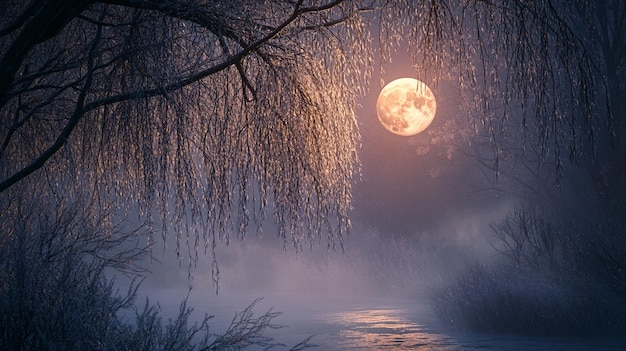 Photo a full moon rises over a frozen river