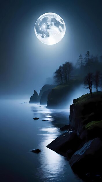 Photo a full moon rises over a misty lake