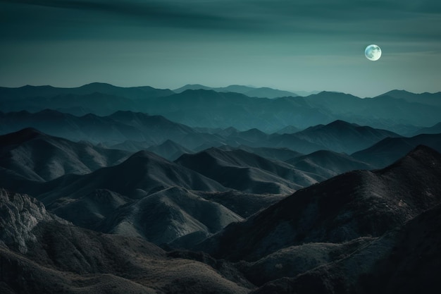 A full moon rises over the mountains.