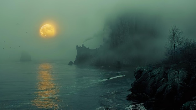 Photo a full moon rises over the ocean and a ship is seen in the distance