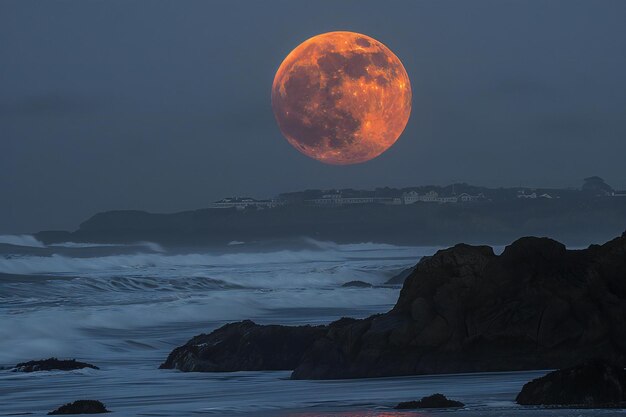 Photo a full moon rises over the ocean