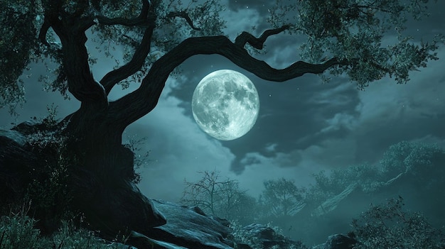 Photo a full moon rises over a serene forest landscape framed by gnarled trees and shadowy rocks during a clear night