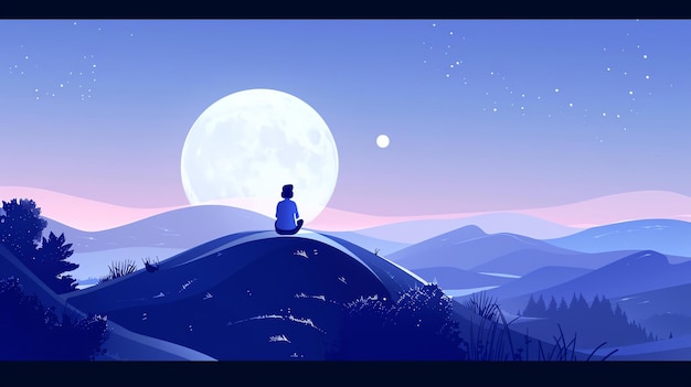 The full moon rises over a tranquil mountain landscape A lone figure sits on a hilltop silhouetted against the sky