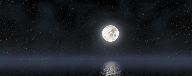 Full moon rising over empty sea at night Full moon over water Moon over blue sea or ocean Night view copy space wide banner