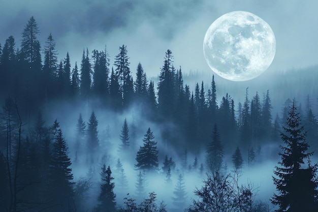 Full moon rising over a foggy forest on a cold winter night