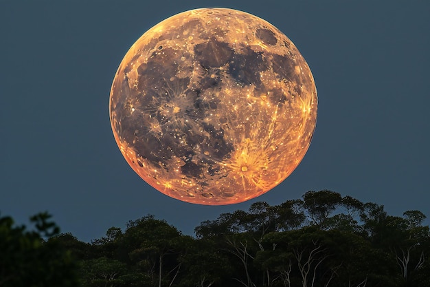 The full moon rising over forest the fullmoon is orange and pink in color it is in the sky above