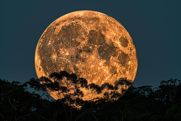 The full moon rising over forest the fullmoon is orange and pink in color it is in the sky above