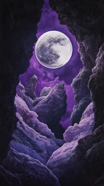 Photo full moon over rocky mountains with purple sky at night surreal landscape fantasy scenery concept