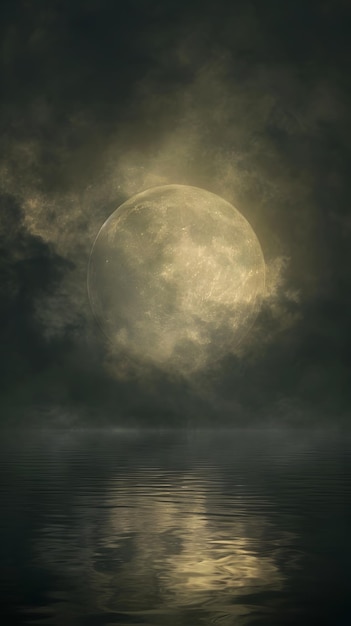 Full moon over the sea and clouds reflected in water