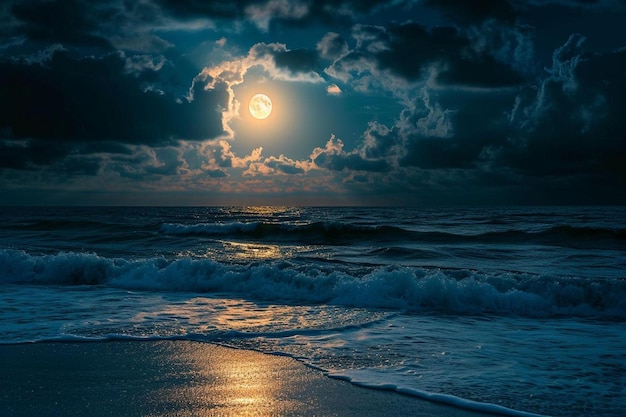 a full moon setting over the ocean on a cloudy day