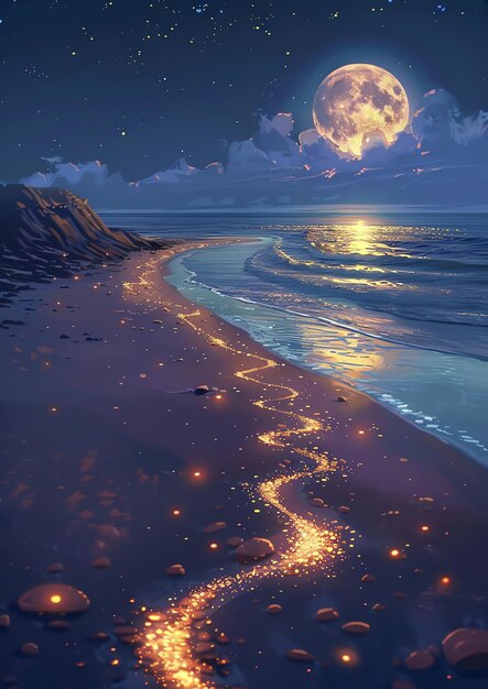 Photo a full moon shines over a beach at night