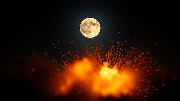 Photo a full moon shines above a bright fiery explosion