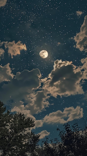 A full moon shines bright in the night sky surrounded by fluffy clouds and a scattering of stars