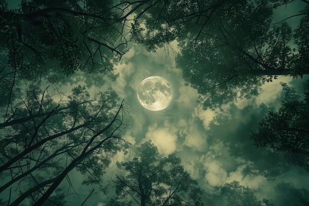 Photo a full moon shines brightly in the night sky partially hidden by the branches of a dense dreamlike forest a dreamlike scene of the moon peeking through a canopy of trees