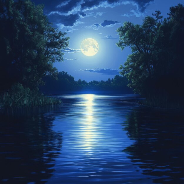 Photo a full moon shines brightly over a still lake casting a shimmering path of moonlight on the water