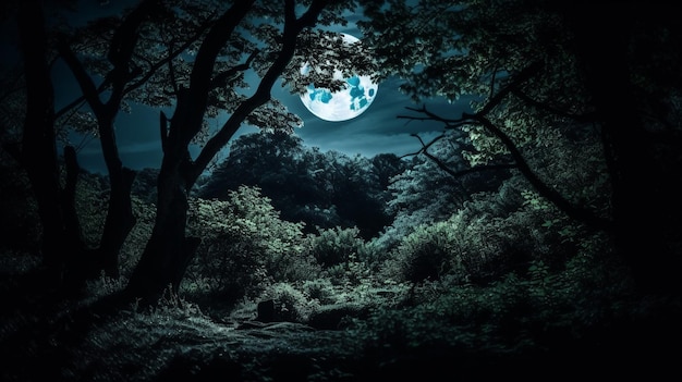 A full moon shines over a forest at night.