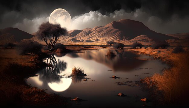 A full moon shines over a lake in background