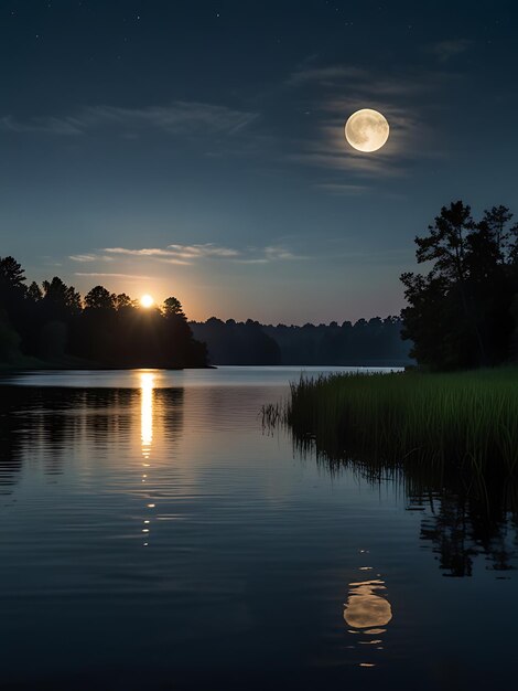 Photo a full moon shines over a lake at night