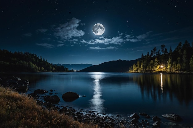 Photo a full moon shines over a lake at night