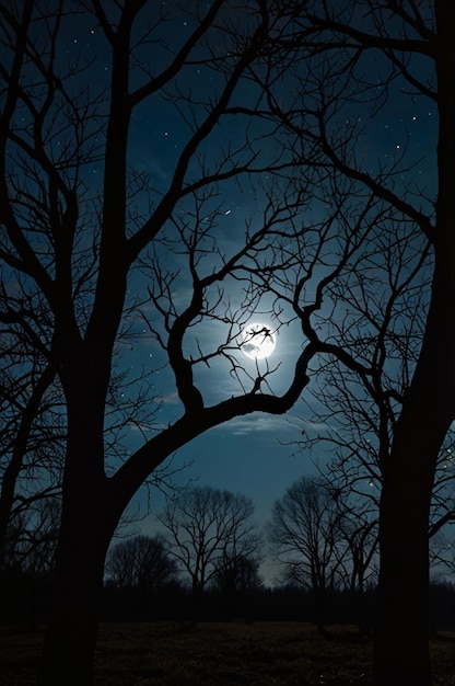 Photo a full moon shines through the trees