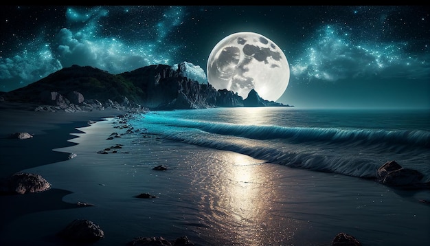 A full moon and shining stars illuminate the night ocean landscape