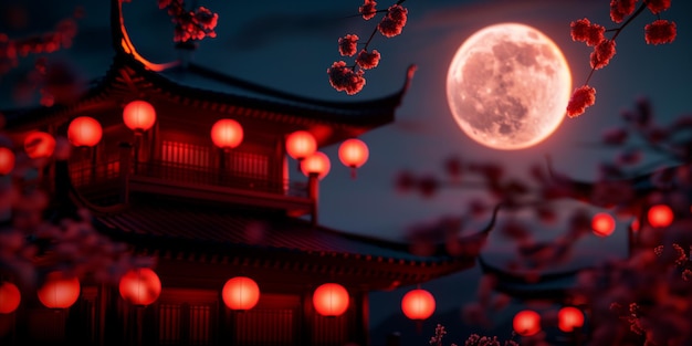 Photo full moon shining over a traditional chinese pagoda with red lanterns at night