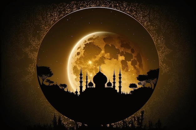 A full moon and a silhouette of a mosque