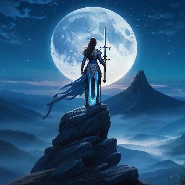 Full moon warrior girl in a top of a mountain