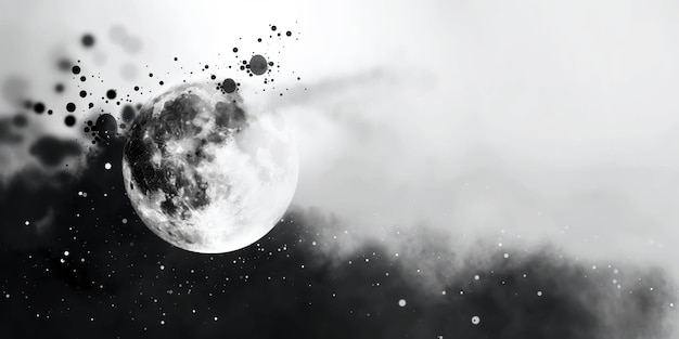 Full moon with abstract black and white splashes creates a mysterious night sky concept surrounded