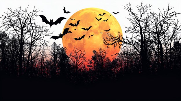 Photo full moon with bats flying over a dark forest silhouette