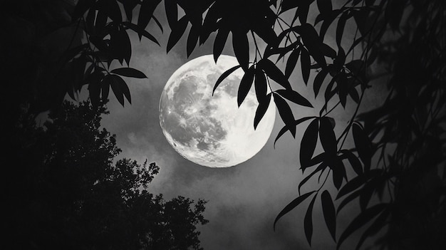 a full moon with the branches of a tree