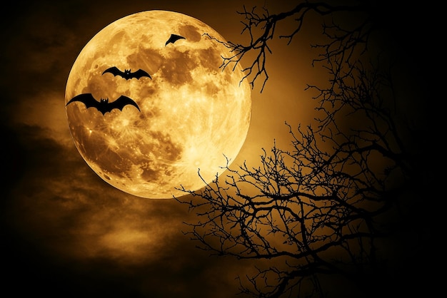 Photo full moon with creepy tree silhouettes and bats flying for a spooky halloween night illustration