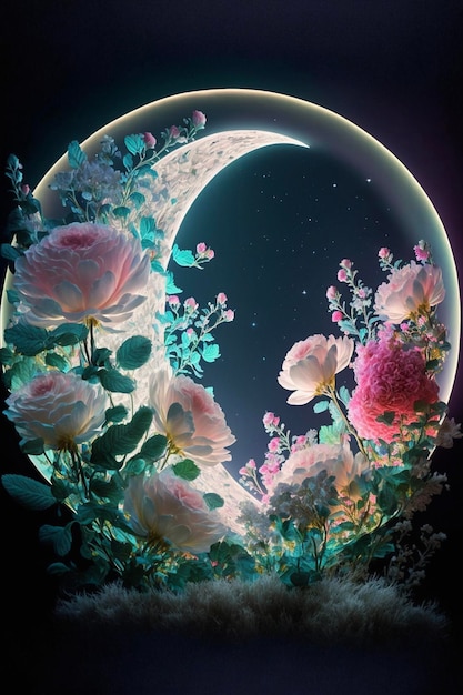 Full moon with flowers in the foreground generative ai