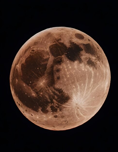 A full moon with a reddish hue against a dark black sky