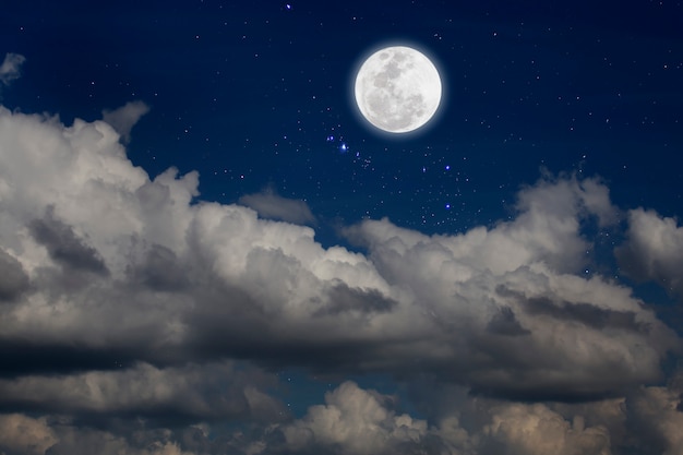 Full moon with starry and clouds background. Romantic night. 