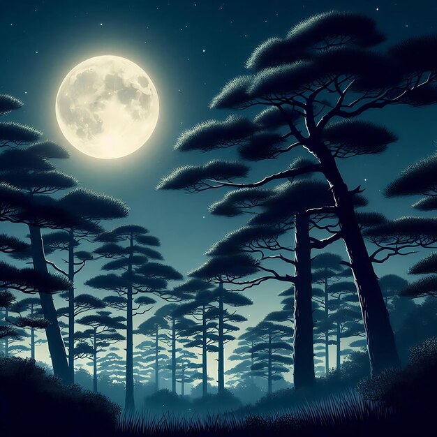 A full moon with trees in the foreground